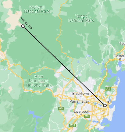 Map showing distance from Sydney to the Capertee Valley
